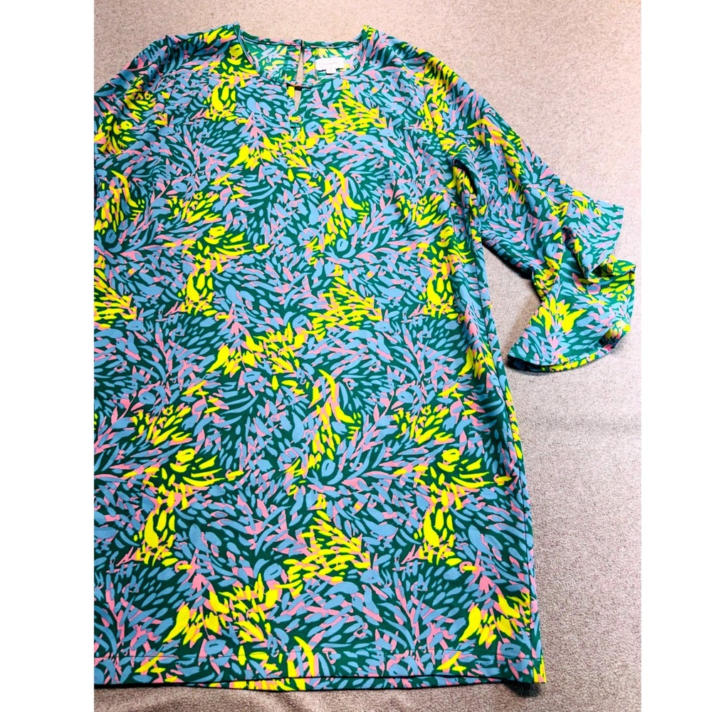 Mud Pie Womens L Tropical Print Shift Dress Ruffle Bell Sleeve Green Pink Yellow - Picture 3 of 10